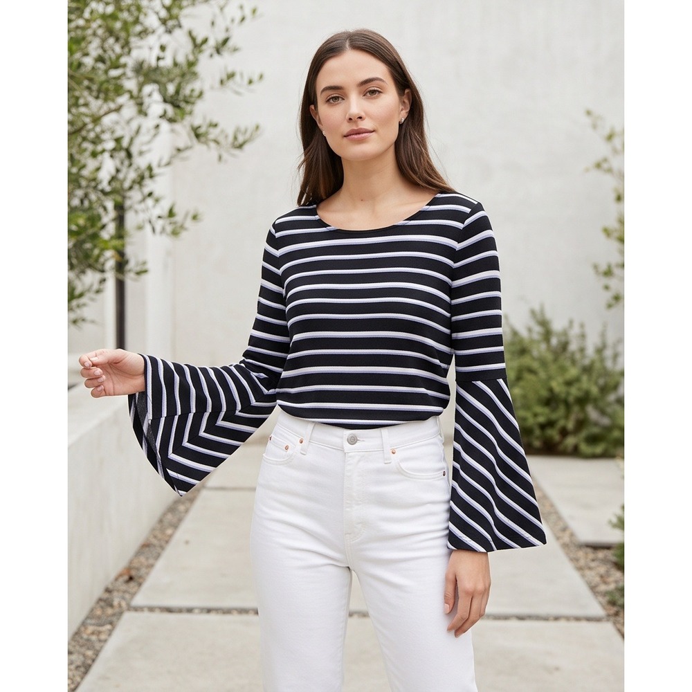 Chico's‎ Travelers 1 Slinky Striped Bell Sleeve Top Navy White Medium